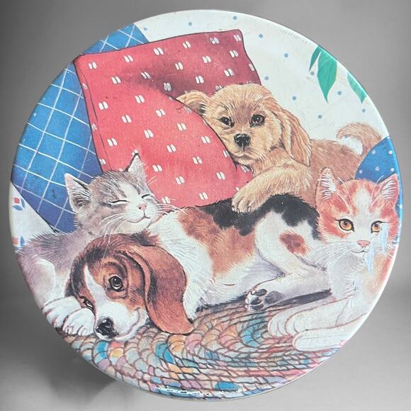 Vintage Puppy & Kitten Coaster Tin Cork 6 Coasters Cottage Animal Dog Cat Polka - Picture 2 of 9